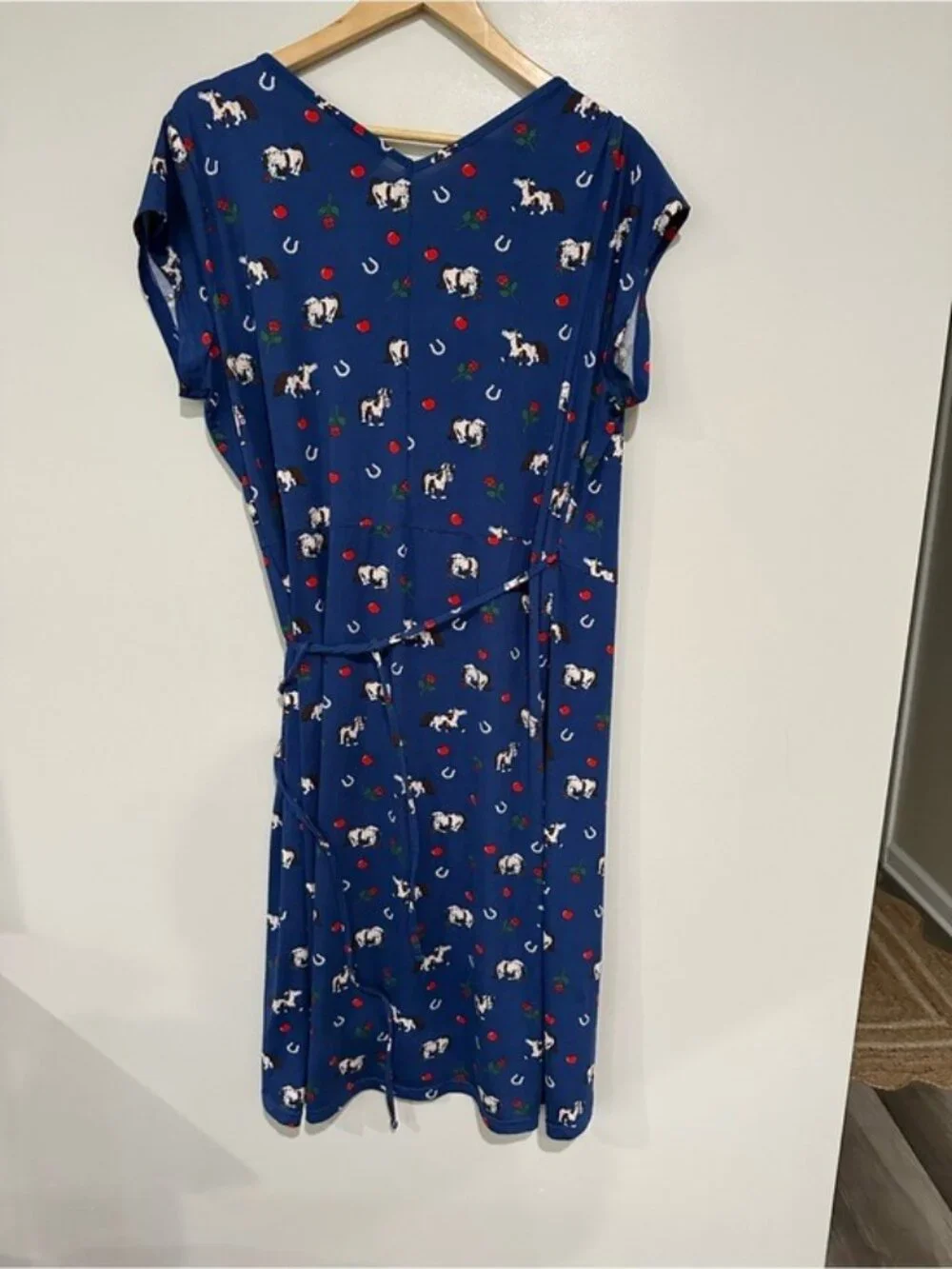 Lindy Bop Horse Print Wrap Midi Dress Blue Retro Cottagecore US 16 - Picture 3 of 7